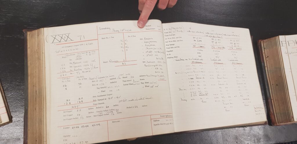 An original Fuller's brew log record. hand written in a log book.